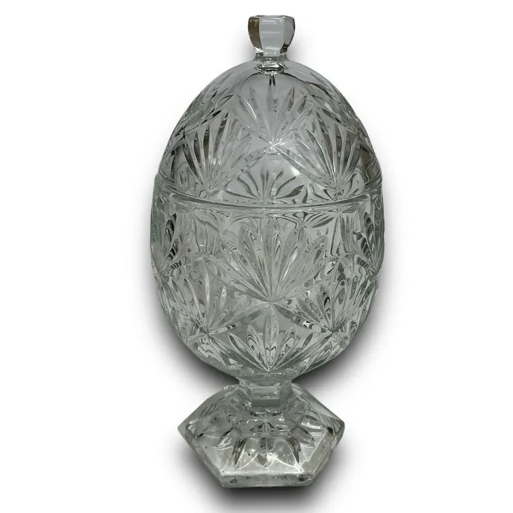 Teleflora Crystal Egg Shaped Pedestal Candy Dish with Lid Jewelry Trinket Dish